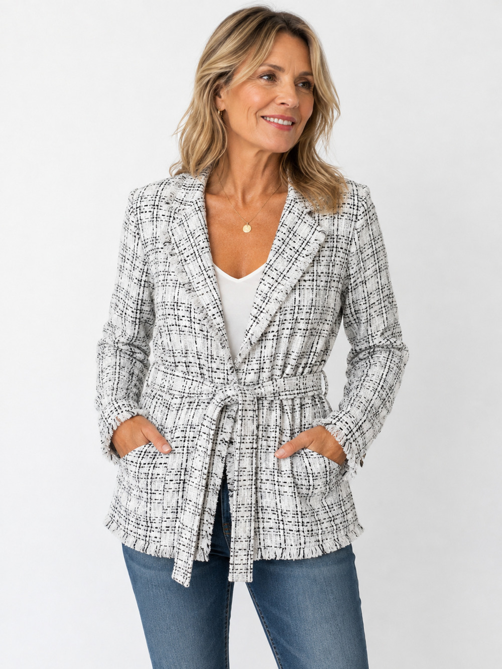 Y2K Doe & Rae Womens Blazer Size L Fringe Tweed Open Front Textured Cottage